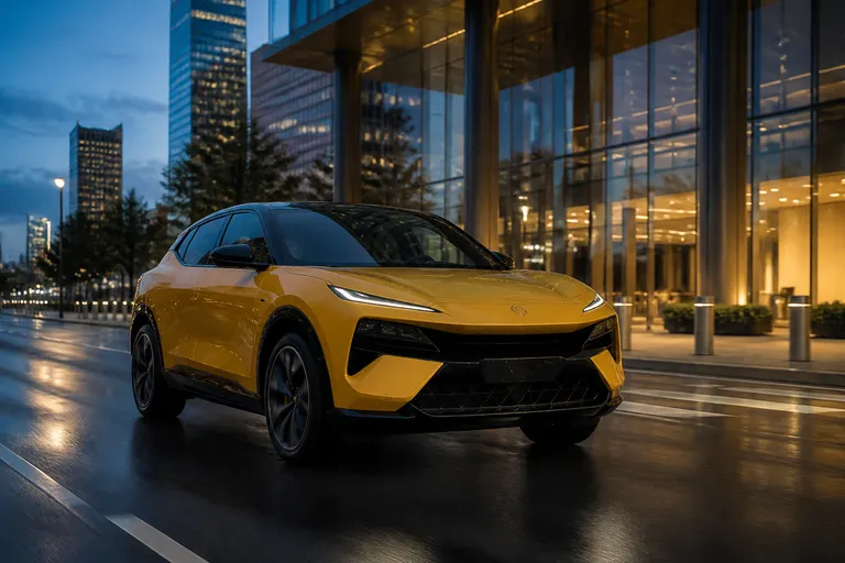 Новый электрический кроссовер Lotus Eletre на городской дороге в вечернем свете. Автомобиль снят спереди под углом на фоне современного делового квартала.