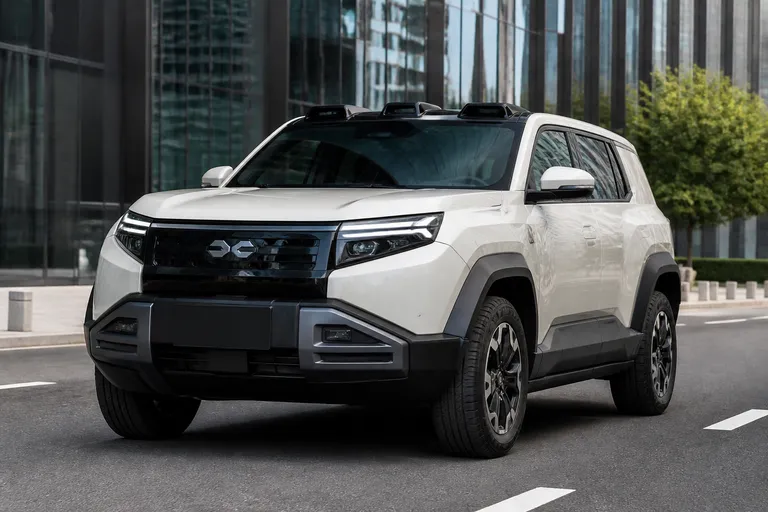 Новый BYD FangChengBao Leopard 3 стоит на городской дороге на фоне современных зданий. Автомобиль снят в реалистичной дорожной сцене при дневном свете.