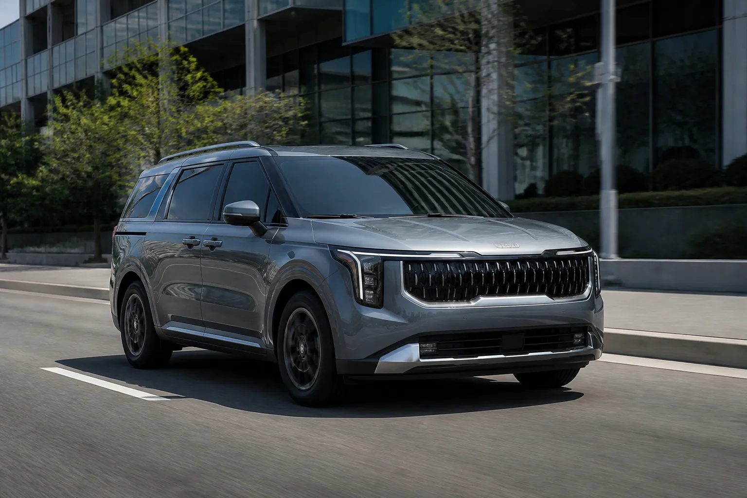 Новый Kia Carnival на городской дороге, снятый спереди под углом. Автомобиль выглядит как семейный минивэн для дальних поездок и ежедневной эксплуатации.