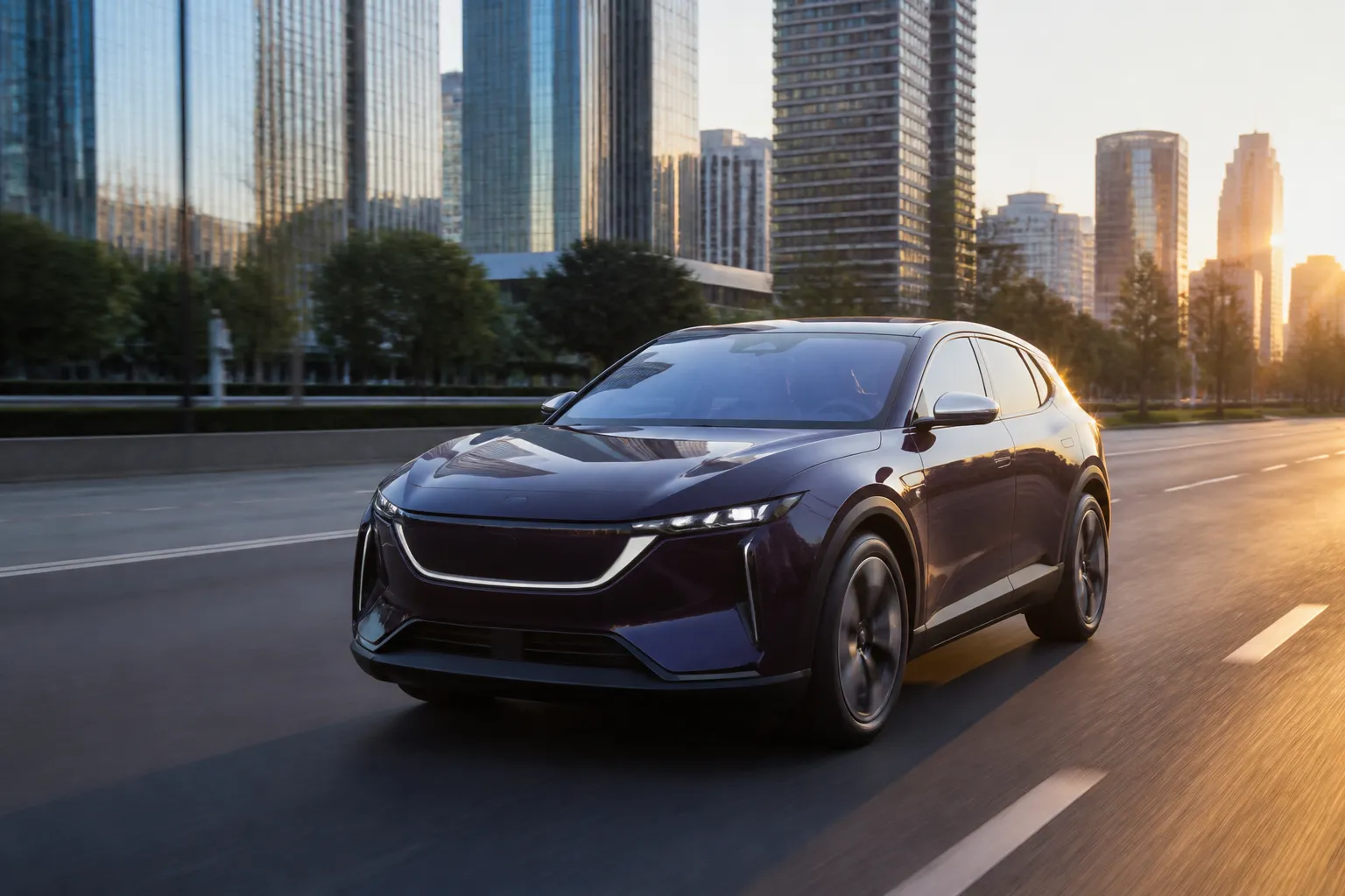 Новый кроссовер Mazda EZ-60 на городской дороге в вечернем свете. Автомобиль показан спереди под углом на фоне современной улицы.