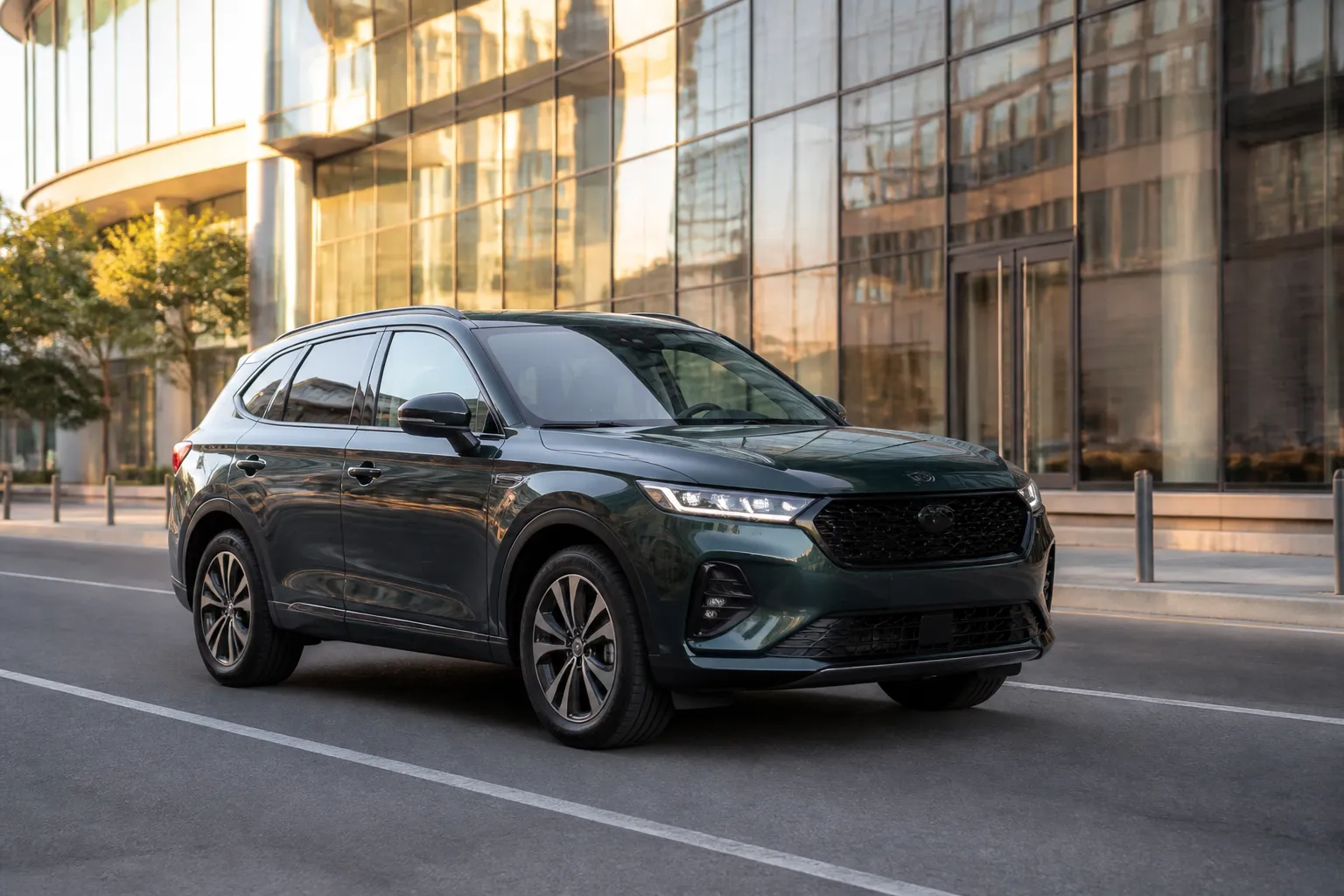 Новый крупный SUV на городской дороге в вечернем свете. Автомобиль показан спереди под углом, вокруг современная городская среда.