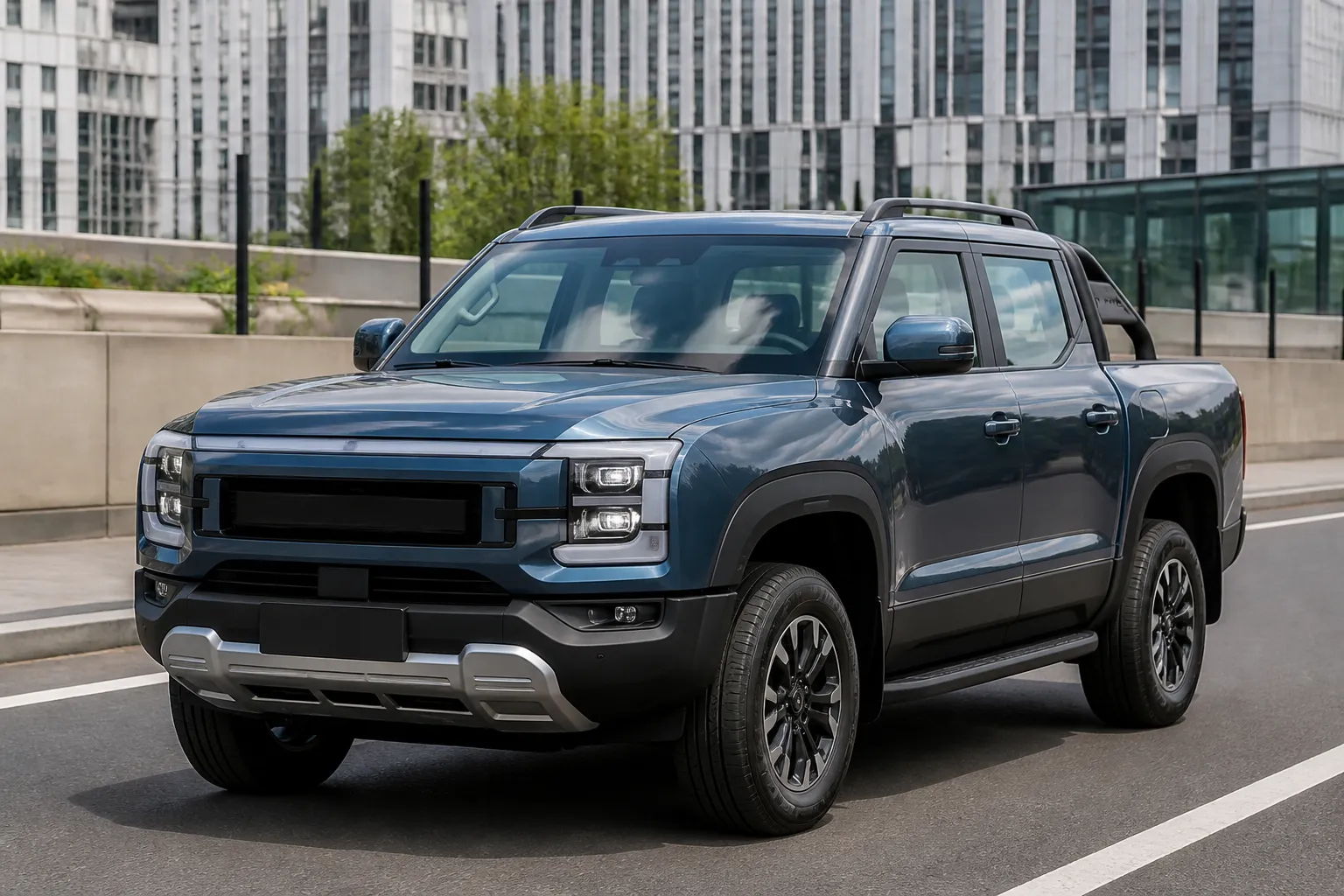 Новый пикап BYD Shark стоит на дороге на фоне современного города. Автомобиль показан спереди под углом, хорошо видны высокий кузов и грузовая платформа.