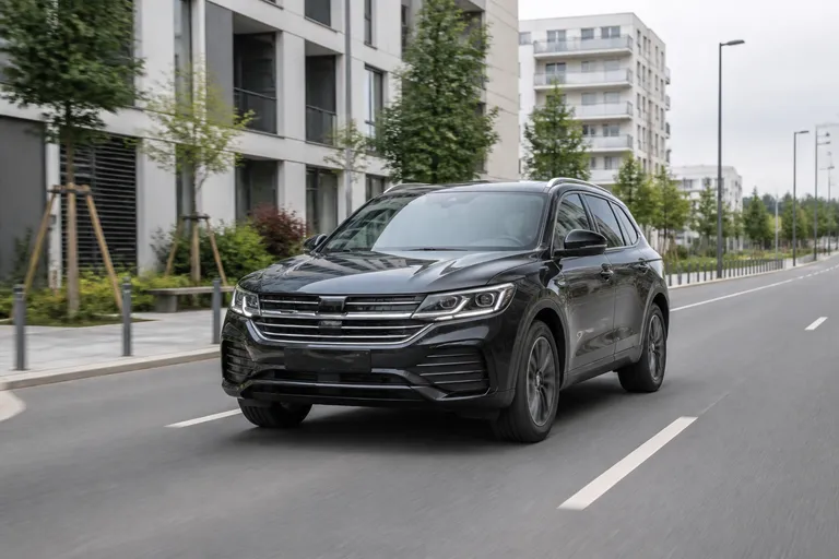 Volkswagen Touareg на городской дороге на фоне современных зданий. Автомобиль показан спереди под углом в естественном дневном свете.