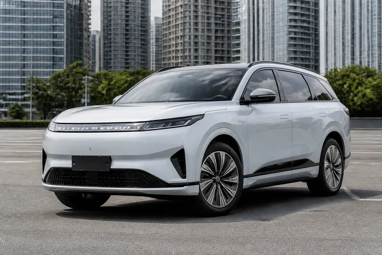Новый Dongfeng eπ 008 стоит на городской дороге на фоне современных зданий. Автомобиль показан в три четверти при дневном естественном освещении.