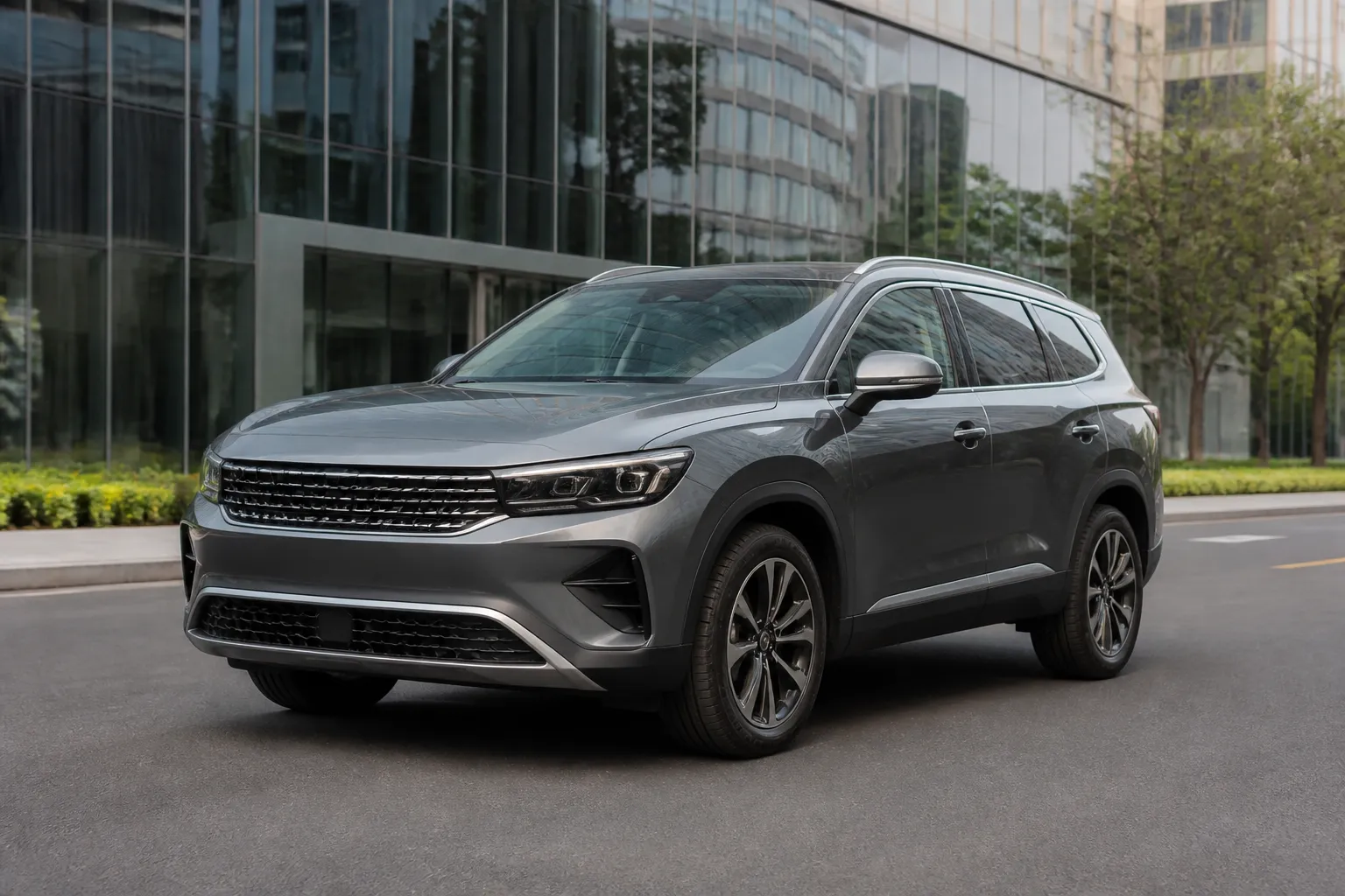 Большой Volkswagen Talagon стоит на городской дороге на фоне современных зданий. Автомобиль снят спереди под углом, чтобы показать габариты кузова и семейный формат модели.