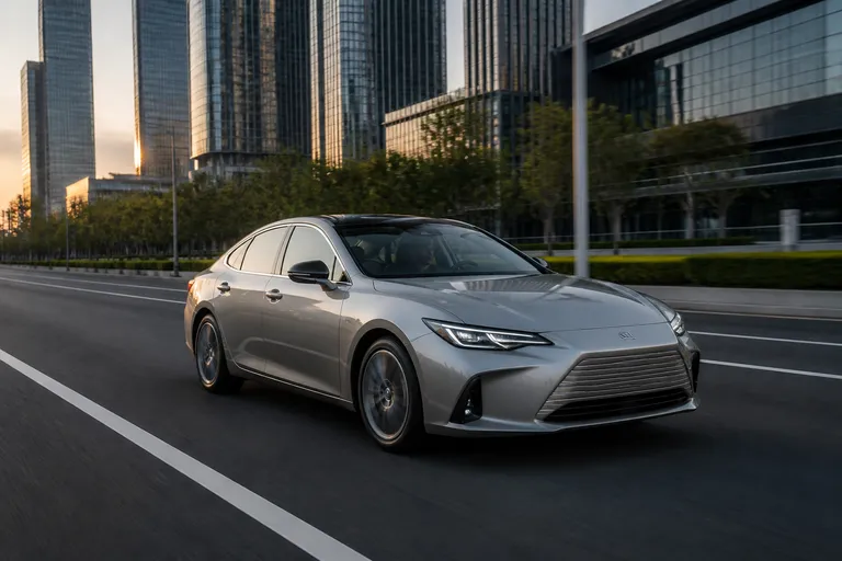 Lexus ES на городской дороге в вечернем свете. Автомобиль показан спереди под углом, на фоне современной деловой застройки.