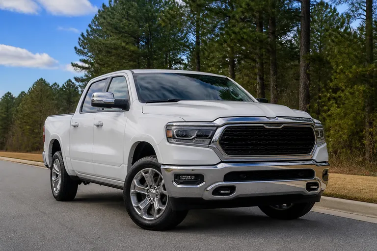Новый полноразмерный пикап Dodge RAM на загородной дороге у обочины. Машина снята спереди сбоку в естественном дневном свете.