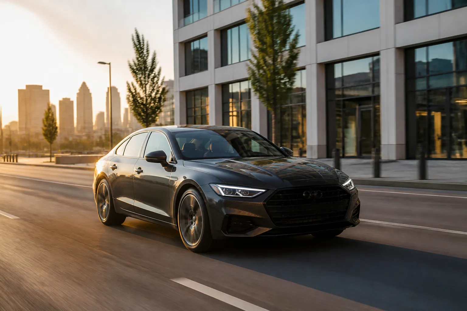 Audi A7 на городской дороге в вечернем свете, автомобиль снят спереди под небольшим углом. На фоне современная улица и мягкое освещение без лишних деталей.