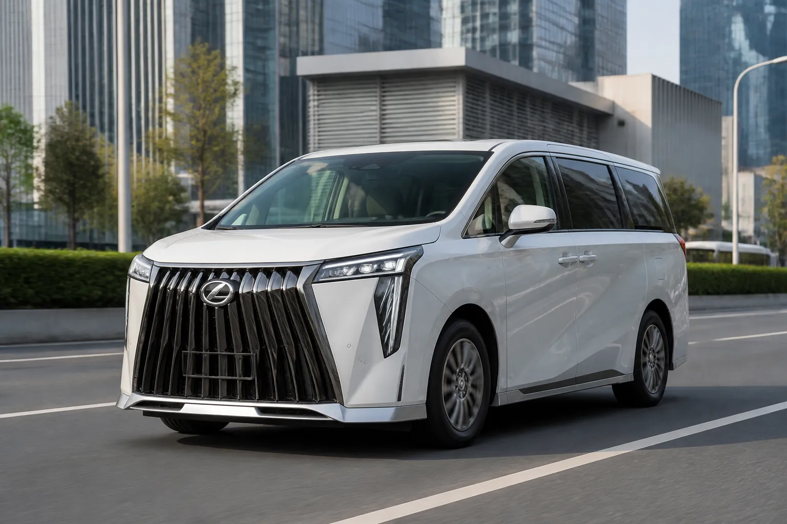 GAC Trumpchi M8 на городской дороге, снятый спереди под углом. На фоне современная улица и мягкий дневной свет.