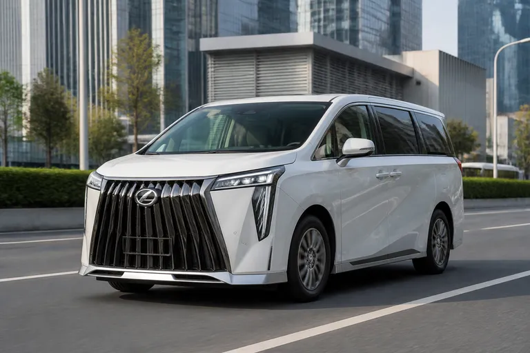 GAC Trumpchi M8 на городской дороге, снятый спереди под углом. На фоне современная улица и мягкий дневной свет.