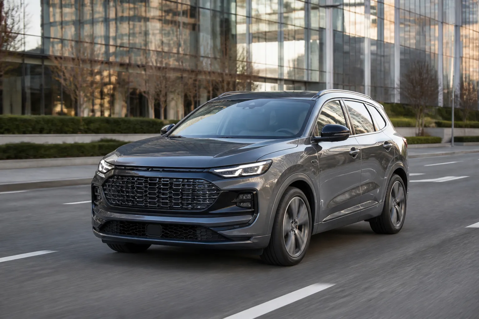 Новый премиальный кроссовер Audi Q6 на городской дороге, снятый в движении при мягком дневном свете. На фоне видны современная архитектура и широкая улица.