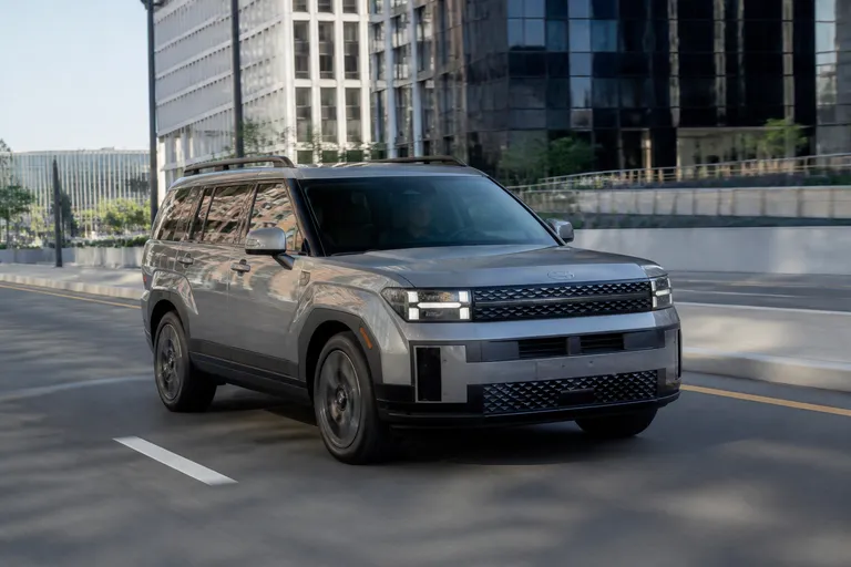 Hyundai Santa Fe нового поколения на городской дороге, крупный семейный кроссовер снят спереди под углом. На фоне современный город и мягкий дневной свет.