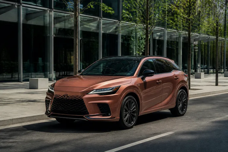 Новый Lexus RX на городской дороге перед современным зданием. Автомобиль снят спереди под углом в естественном дневном свете.