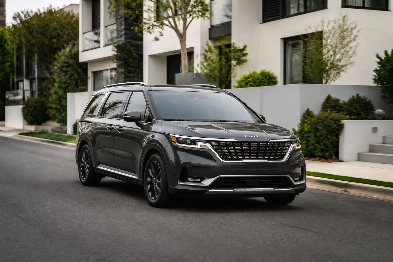 Kia Carnival на городской дороге рядом с семейным домом, автомобиль снят спереди под углом. На фоне видны спокойная улица и мягкий дневной свет.