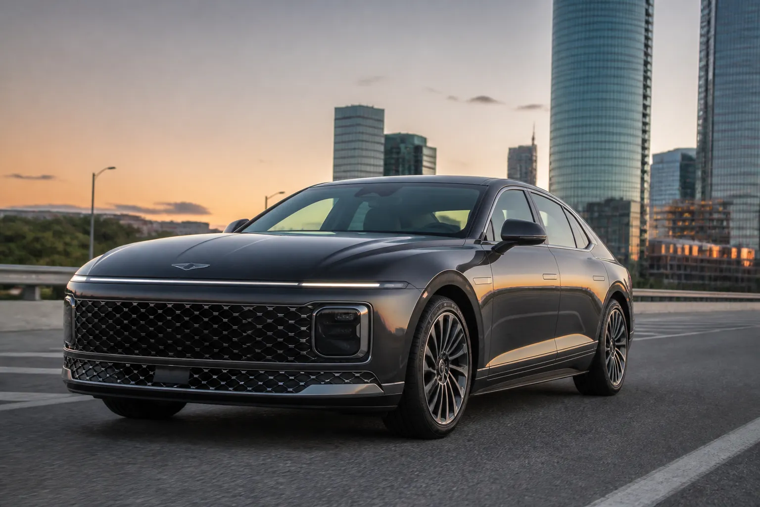 Hyundai Grandeur на городской дороге в вечернем свете. Крупный седан снят спереди под углом, вокруг современная улица без лишних деталей.