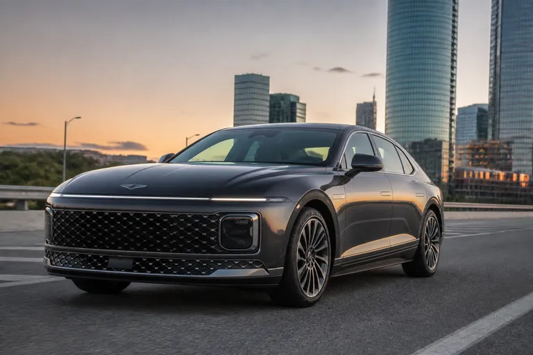 Hyundai Grandeur на городской дороге в вечернем свете. Крупный седан снят спереди под углом, вокруг современная улица без лишних деталей.
