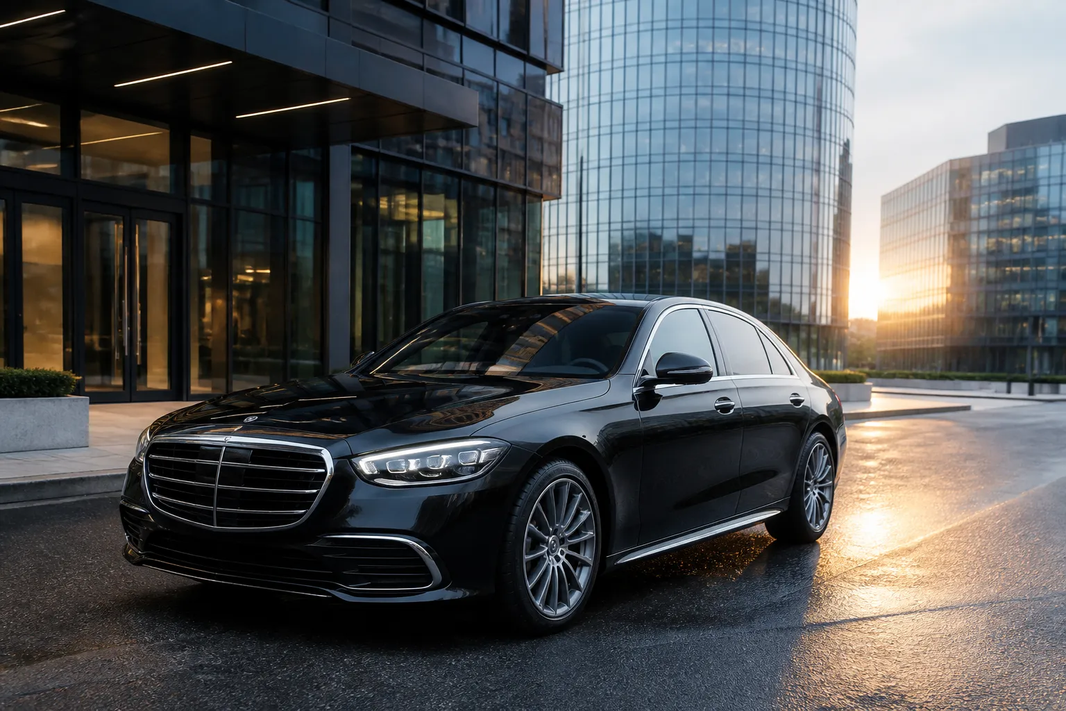 Mercedes-Benz S-Class стоит на городской улице у современного делового центра. Автомобиль снят спереди в три четверти при мягком вечернем свете.
