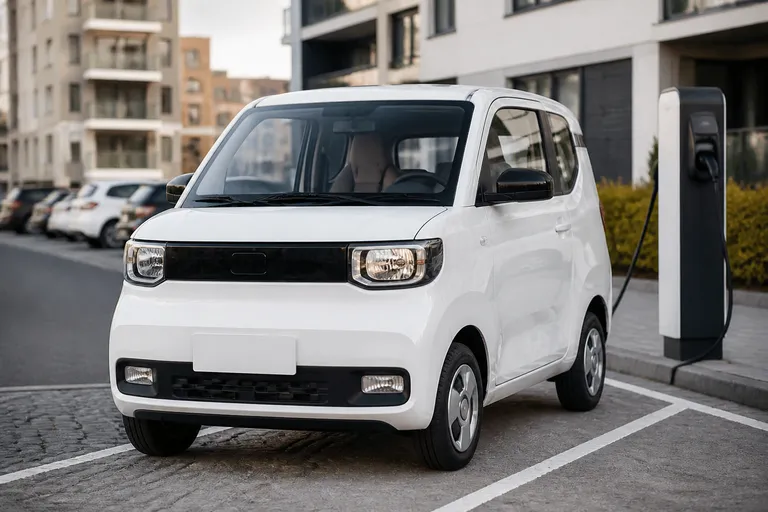 Компактный электромобиль Wuling Mini EV стоит на городской улице рядом с зарядной станцией. На фоне видны современные дома и плотная городская парковка.
