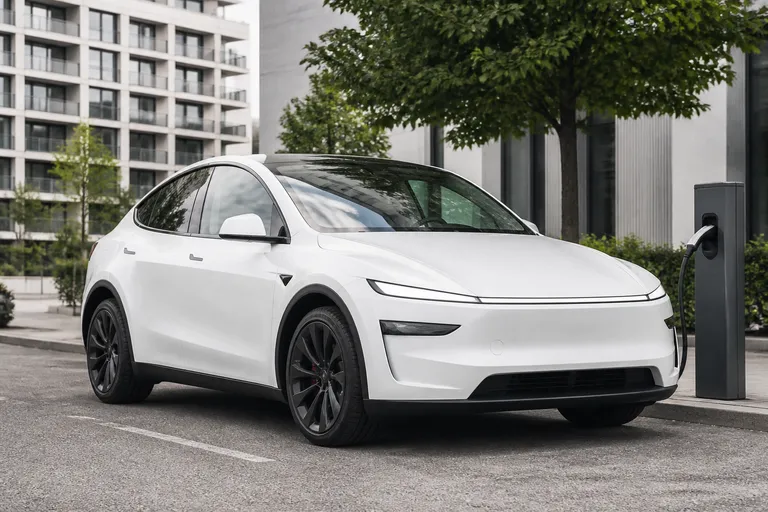 Электрический кроссовер Tesla Model Y на городской дороге у современной зарядной станции. Машина показана в естественном свете, без акцента на логотипы.