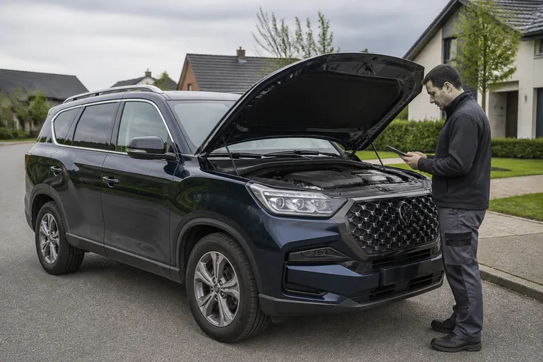 KG Mobility Rexton на загородной дороге перед осмотром перед покупкой. Рядом видны открытый капот и человек, проверяющий автомобиль.