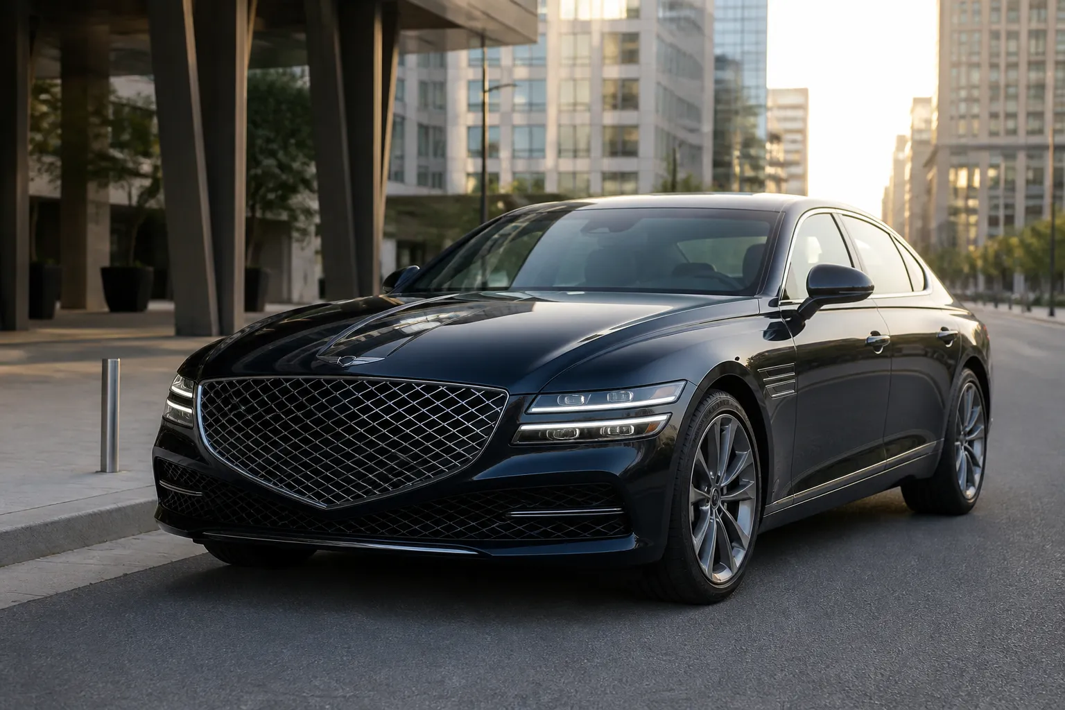 Genesis G80 на городской улице у современного делового квартала. Автомобиль снят спереди под углом в мягком вечернем свете.