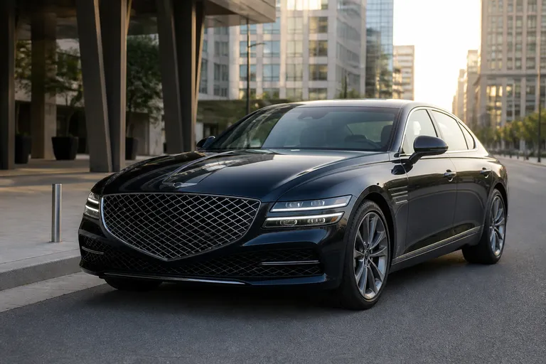 Genesis G80 на городской улице у современного делового квартала. Автомобиль снят спереди под углом в мягком вечернем свете.