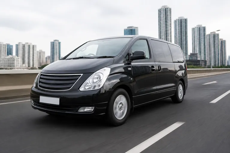 Hyundai Starex на городской дороге, снятый спереди сбоку в естественном дневном свете. На фоне видны улица и припаркованные автомобили.