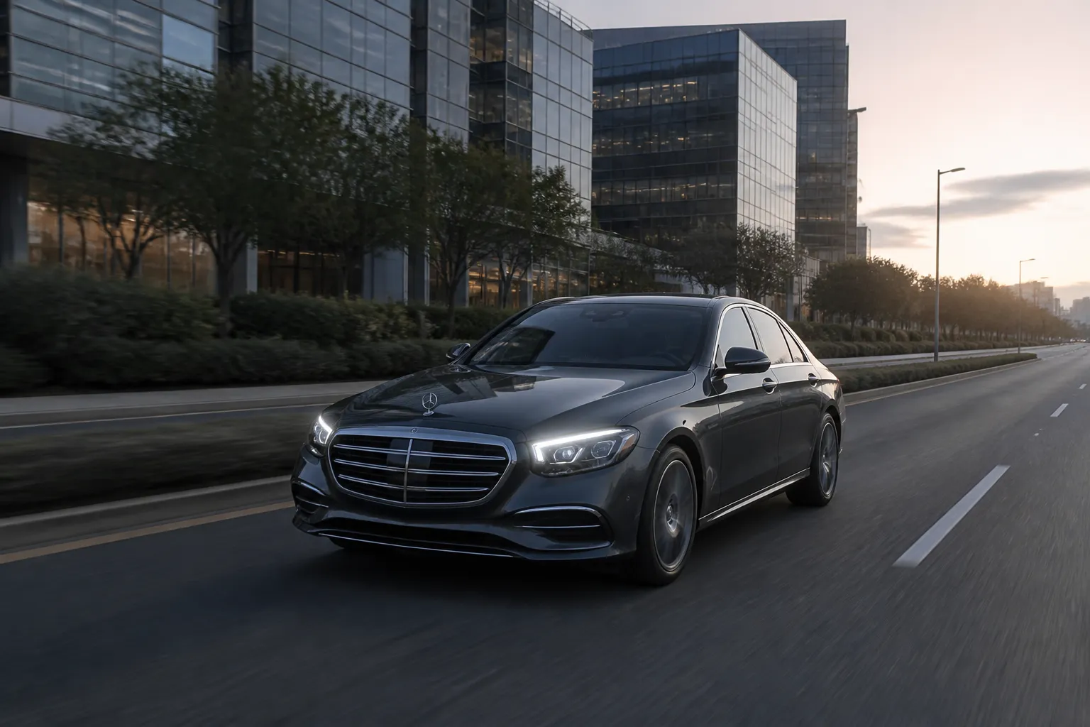 Mercedes-Benz E-Class на городской дороге в вечернем свете. Автомобиль показан спереди под углом на фоне современной архитектуры.