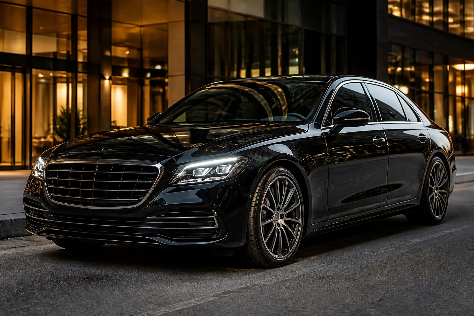 Чёрный представительский седан Mercedes-Benz S-Class стоит на вечерней городской улице у современного делового здания. Машина снята спереди под углом, акцент на длинный кузов и премиальный силуэт.