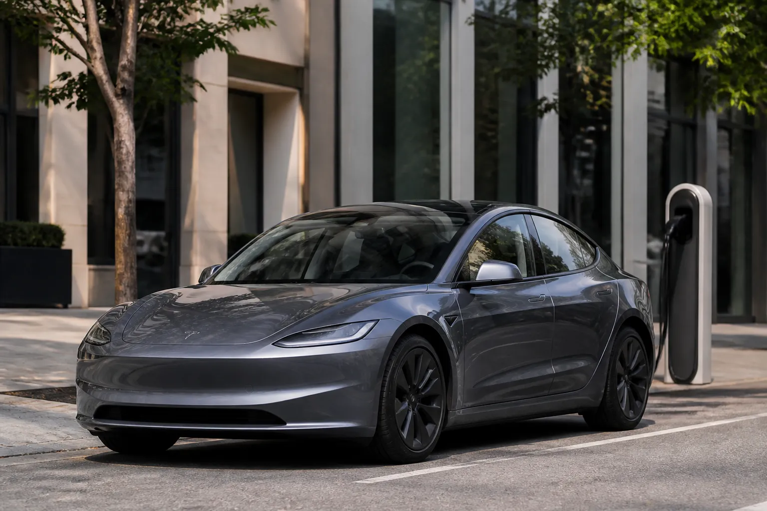 Tesla Model 3 стоит на городской улице возле зарядной станции. Вид спереди под углом, спокойное дневное освещение.