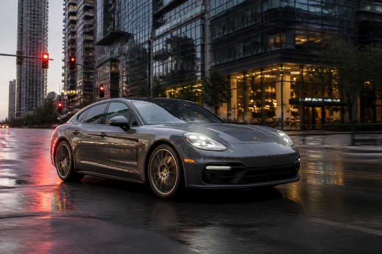 Porsche Panamera на вечерней городской дороге, автомобиль снят спереди под углом. На фоне видны огни города и мокрый асфальт.