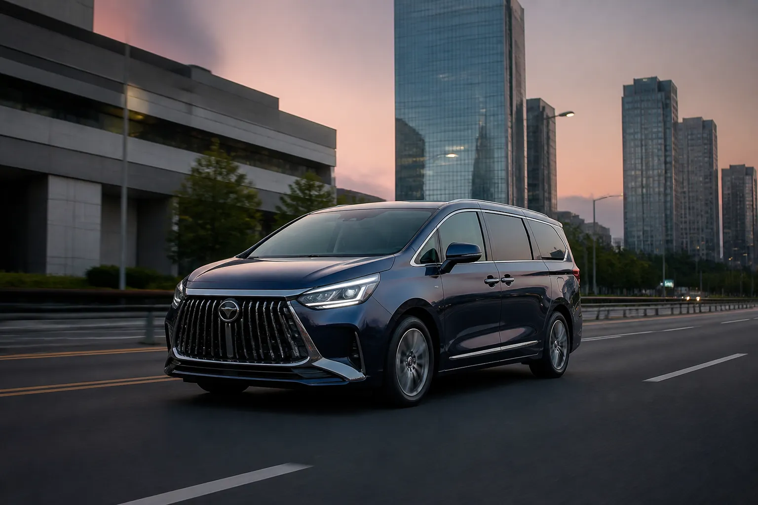 Buick GL8 на городской дороге в вечернем свете, вид спереди под углом. Минивэн выглядит как автомобиль для семьи и деловых поездок.