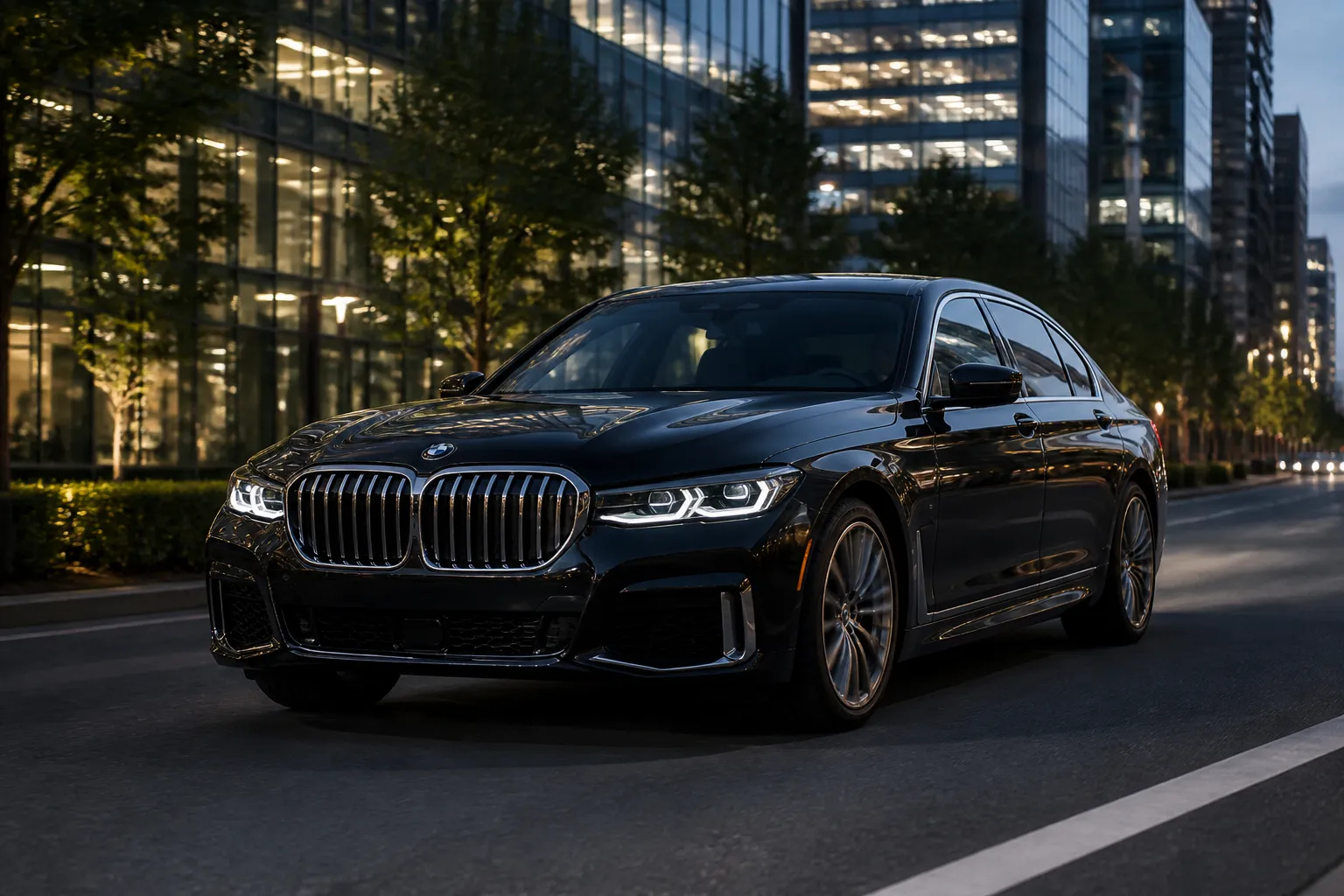 Современный представительский седан BMW 7-Series на городской улице вечером. Автомобиль снят спереди под углом на фоне делового квартала.