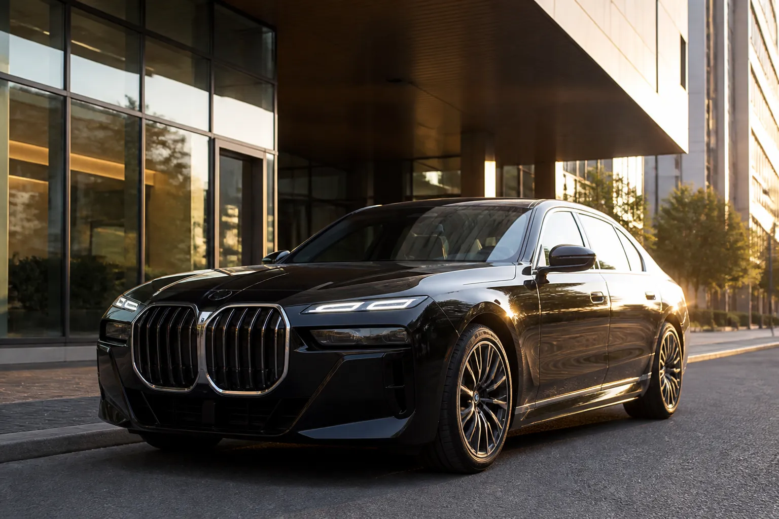 BMW 7-Series стоит на городской улице у современного делового центра. На фото виден крупный представительский седан в спокойной премиальной обстановке.