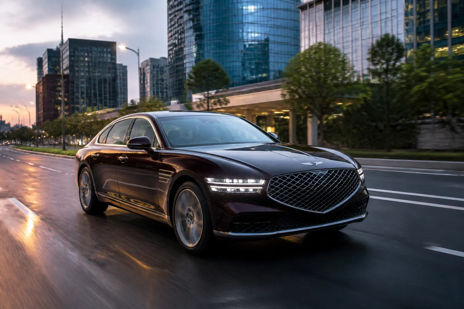 Genesis G90 на городской дороге в вечернем свете. Представительский седан показан спереди под углом на фоне современной городской архитектуры.