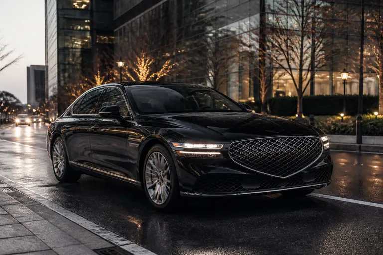 Представительский седан Genesis G90 на городской дороге в вечернем свете. Автомобиль снят спереди под углом, вокруг современная деловая застройка.