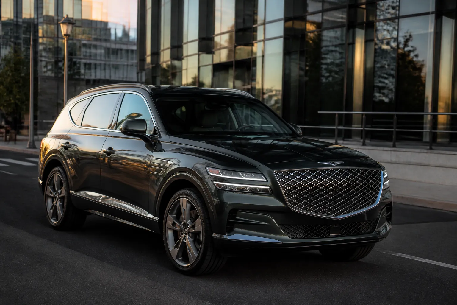 Genesis GV80 стоит на городской дороге на фоне современной архитектуры. Вид спереди под углом подчёркивает крупный кузов премиального SUV.