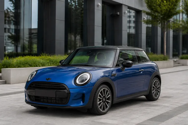 Mini Hatch на городской улице возле современной застройки. Автомобиль показан спереди под лёгким углом в естественном дневном свете.