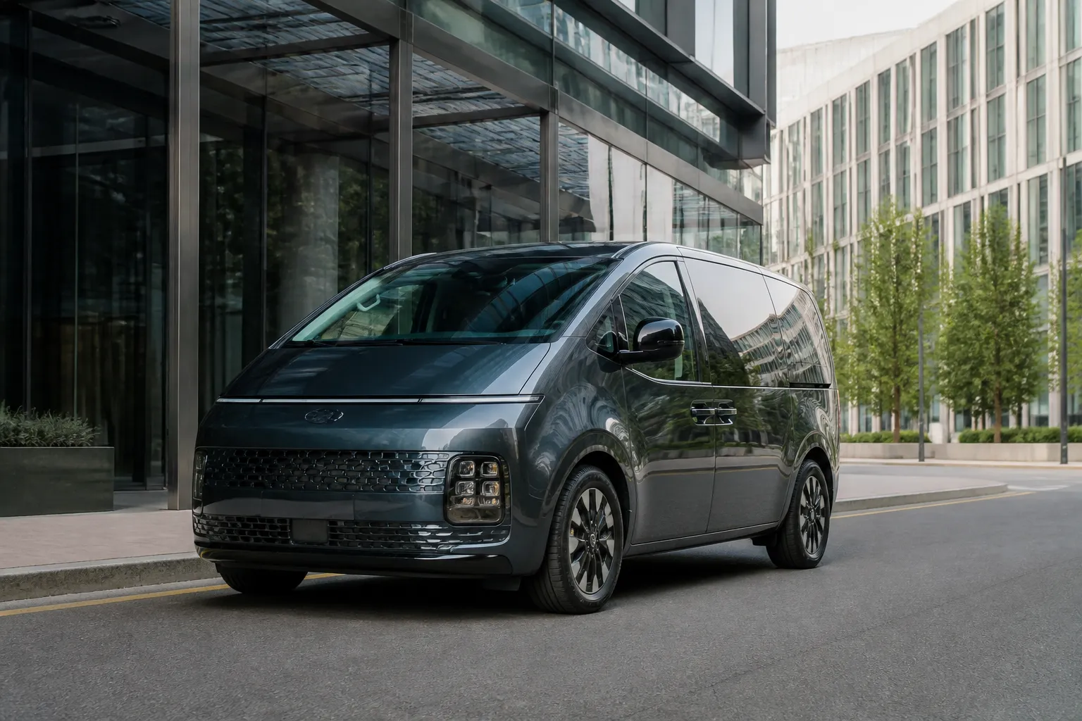 Hyundai Staria стоит на городской улице у современного здания, автомобиль снят спереди под небольшим углом. На фоне видны дорога и мягкий дневной свет.