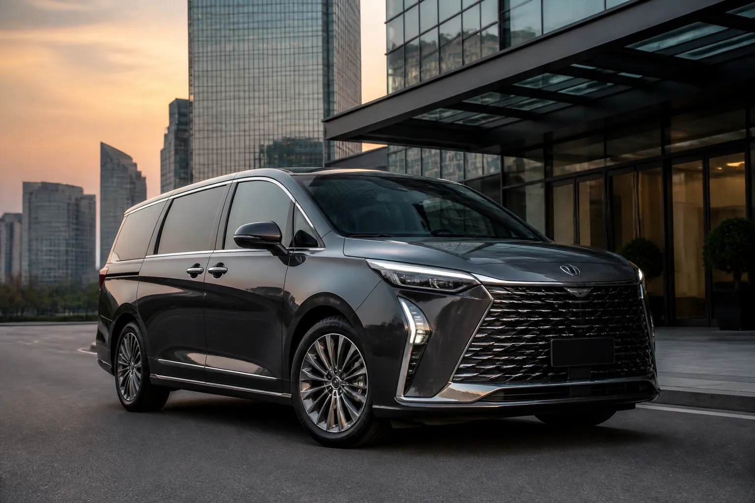 Buick GL8 на городской улице у бизнес-центра, автомобиль показан спереди под углом. На фоне видны современная архитектура и вечерний свет.