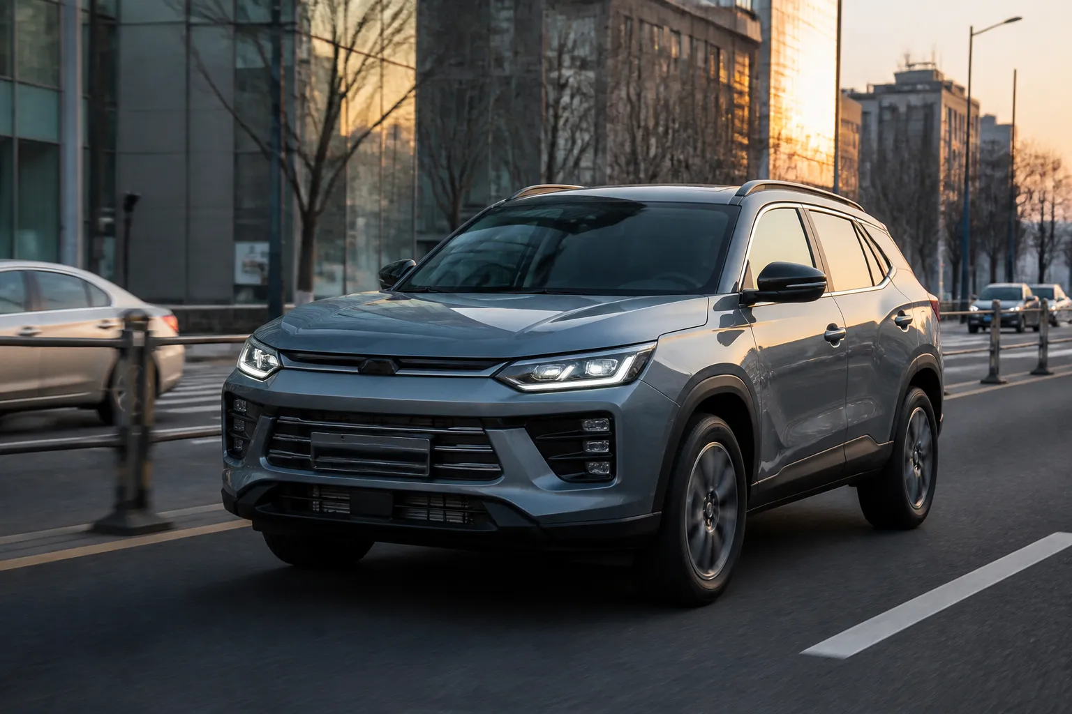 KG Mobility Korando на городской дороге в Корее, снятый спереди под углом. На фоне видны современные здания и вечерний свет.