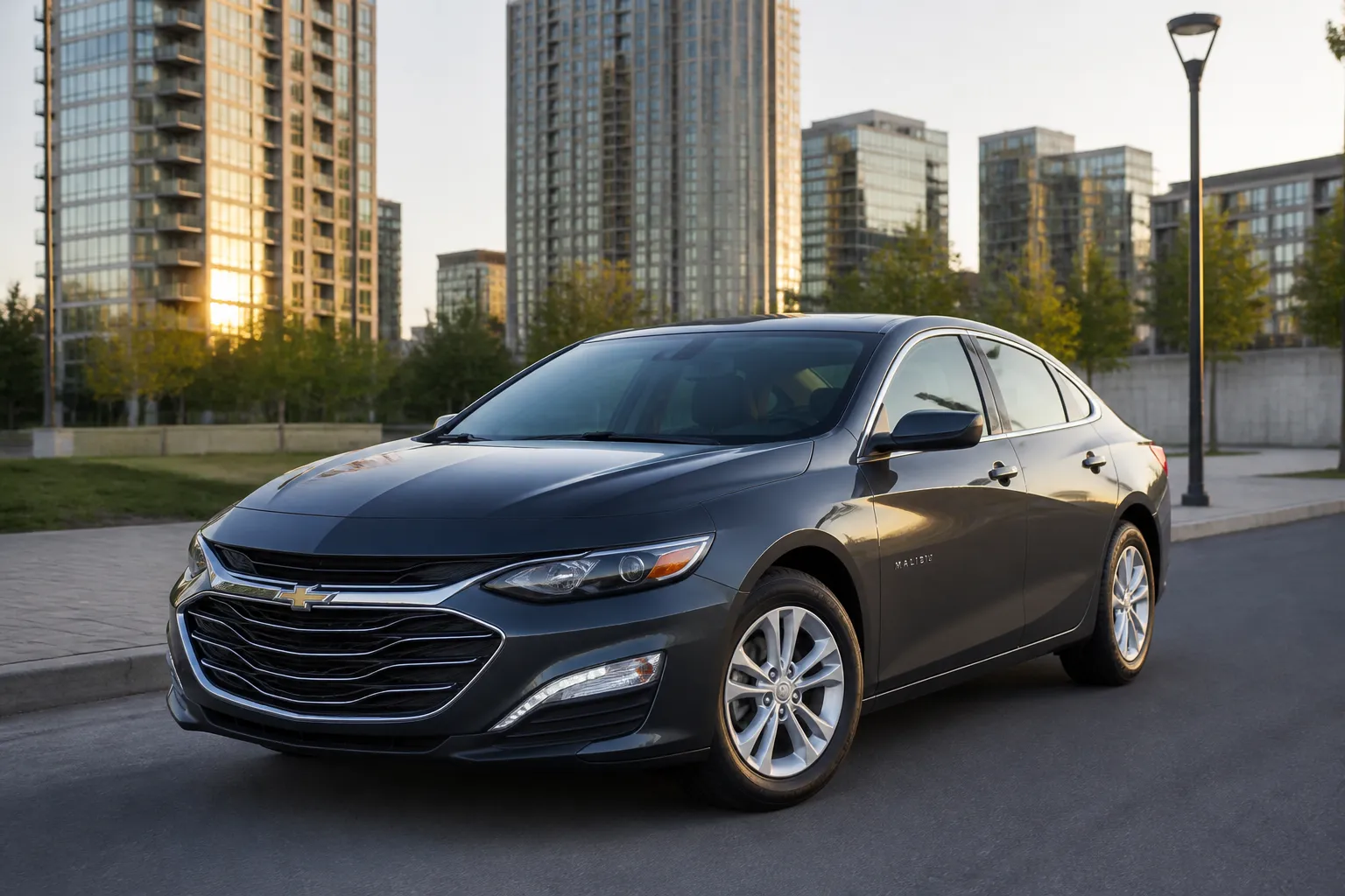 Chevrolet Malibu на городской дороге перед осмотром перед покупкой. Рядом видны элементы делового квартала и мягкий дневной свет.