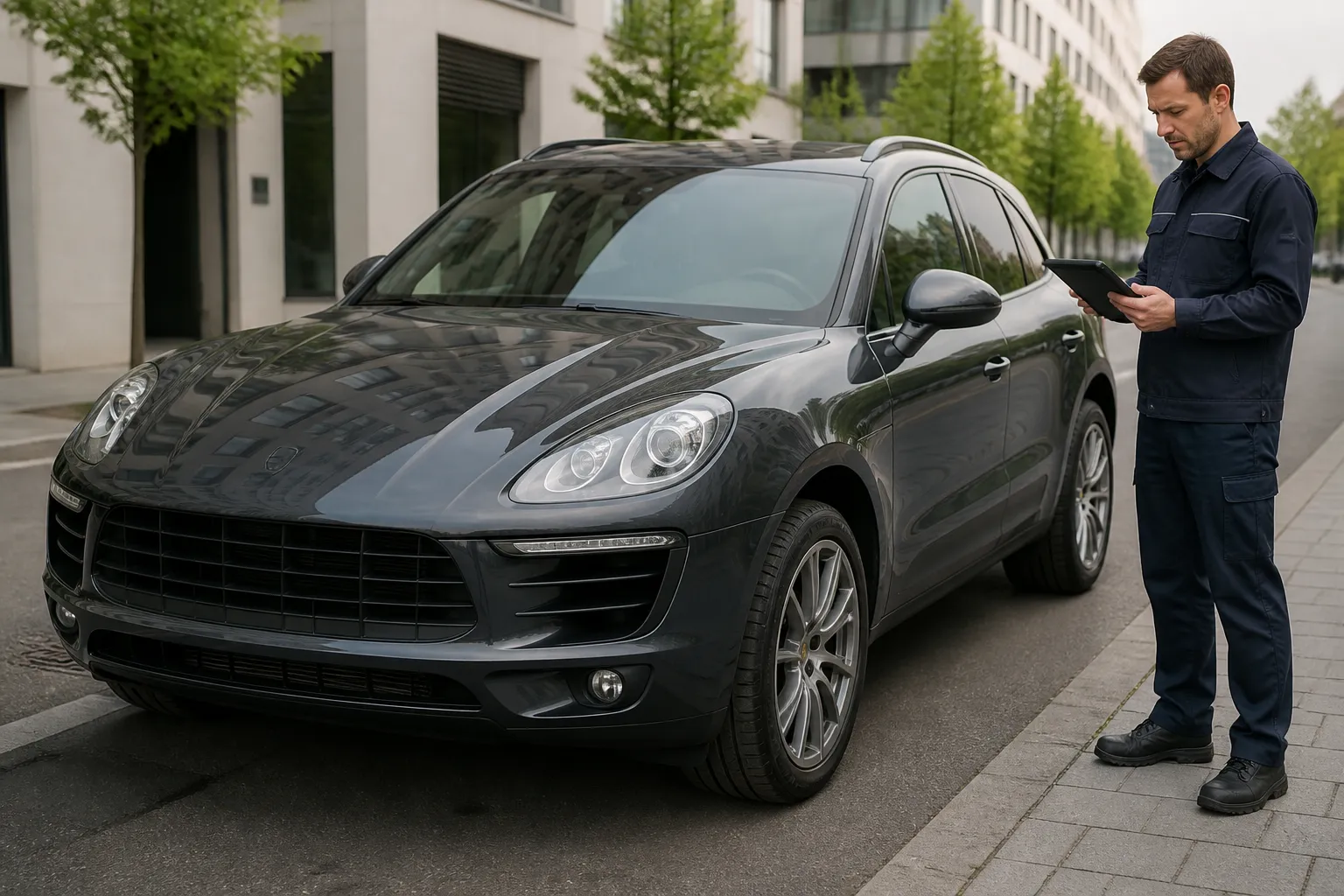 Porsche Macan стоит на городской улице перед осмотром перед покупкой. Рядом видны дорога, современные здания и нейтральное дневное освещение.