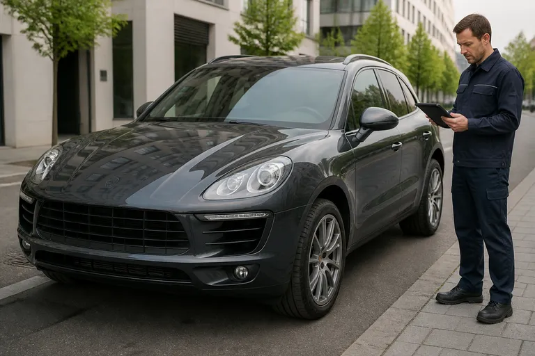 Porsche Macan стоит на городской улице перед осмотром перед покупкой. Рядом видны дорога, современные здания и нейтральное дневное освещение.