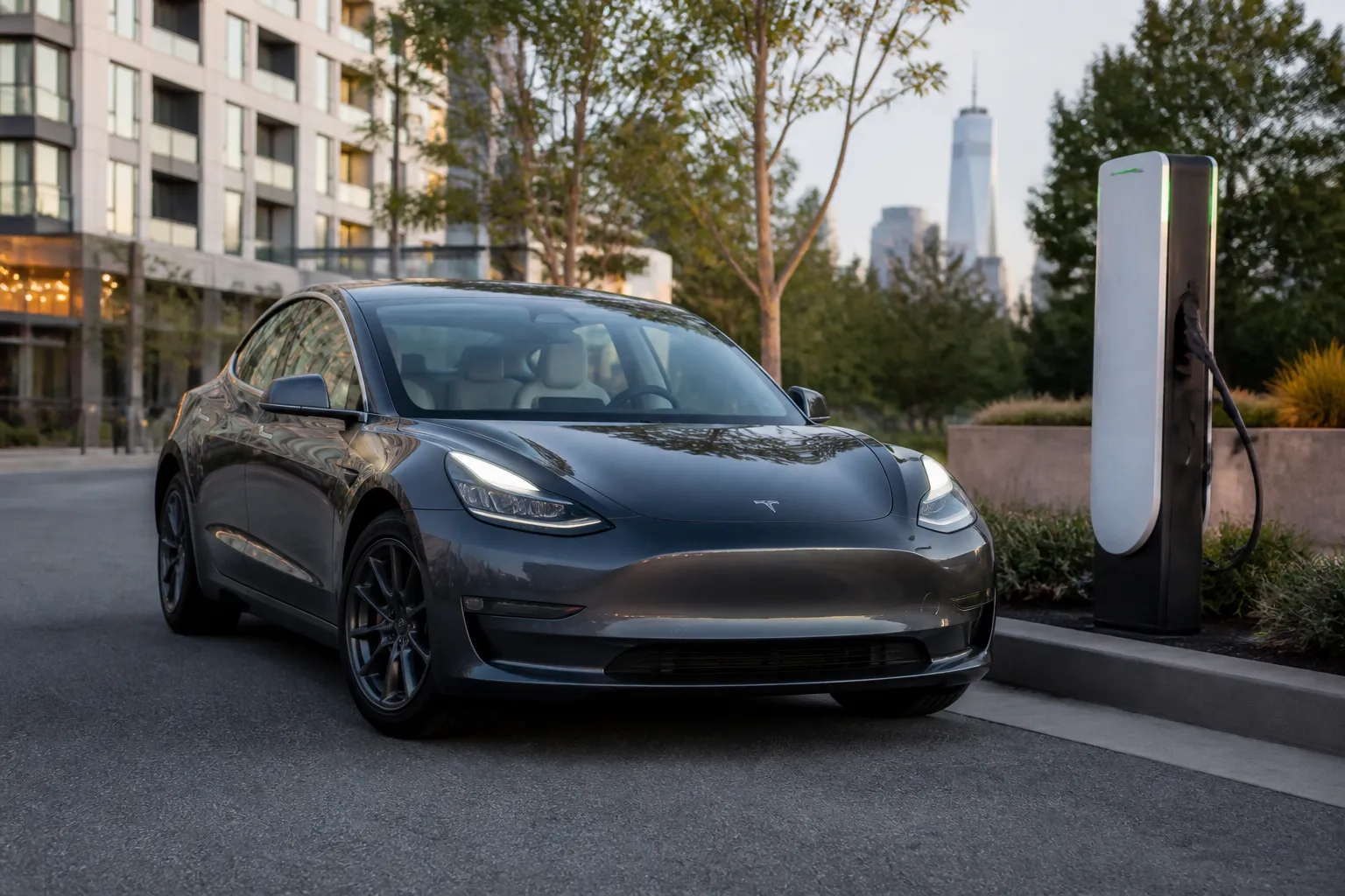 Tesla Model 3 на городской дороге у современной зарядной станции. Автомобиль показан в реалистичной обстановке без рекламных надписей.