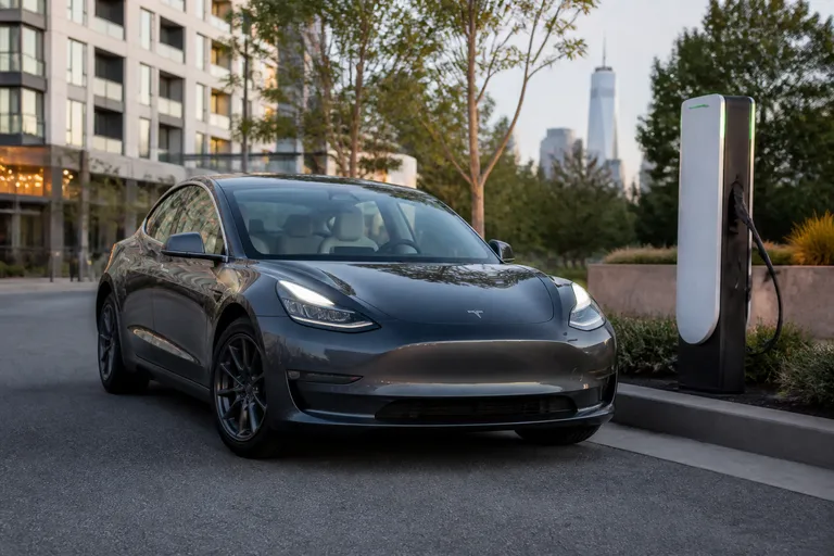 Tesla Model 3 на городской дороге у современной зарядной станции. Автомобиль показан в реалистичной обстановке без рекламных надписей.