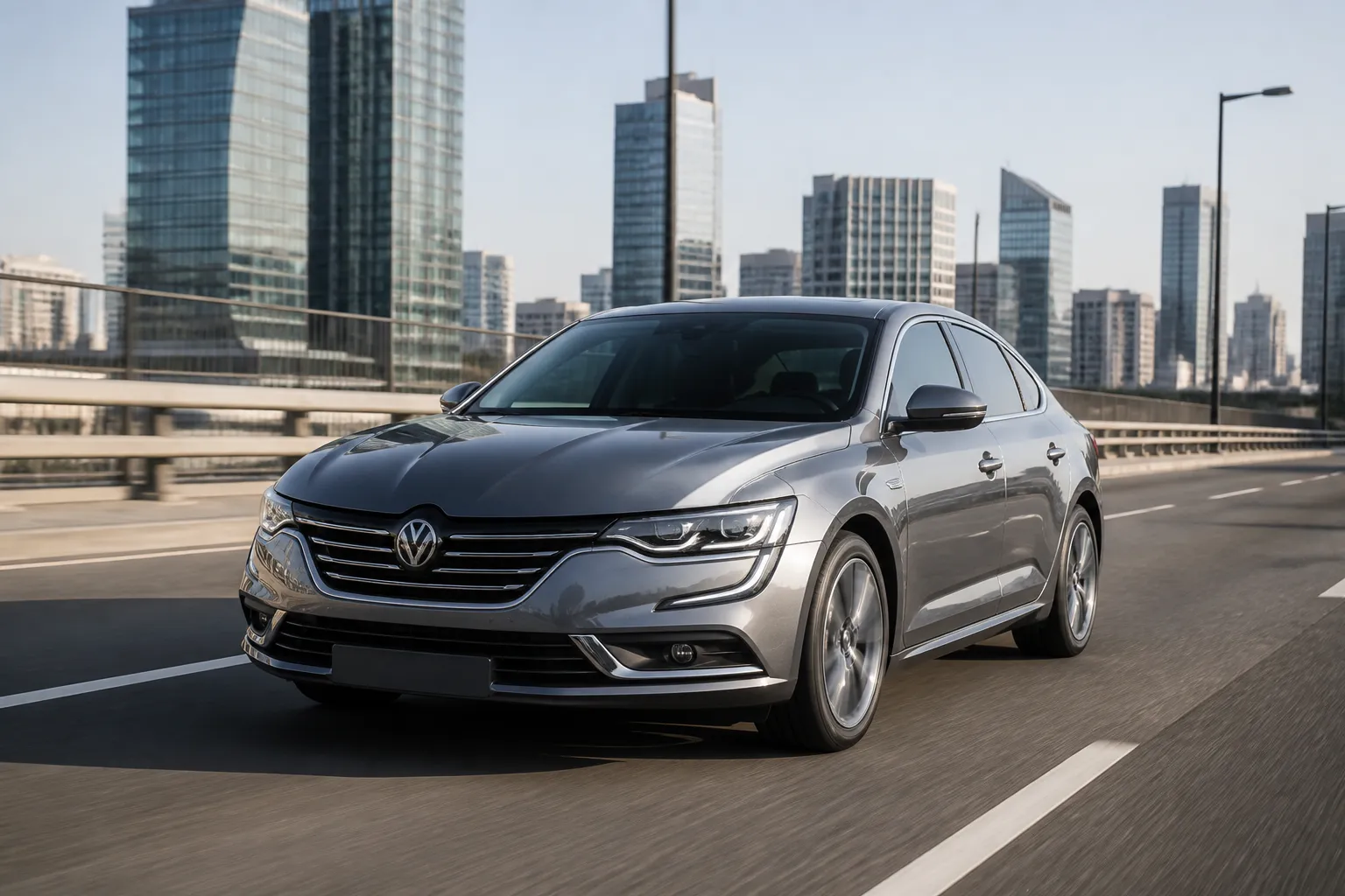 Renault Samsung SM6 на городской улице в Южной Корее, автомобиль снят спереди под углом. Спокойная дорожная сцена подчёркивает формат комфортного седана для повседневной езды.