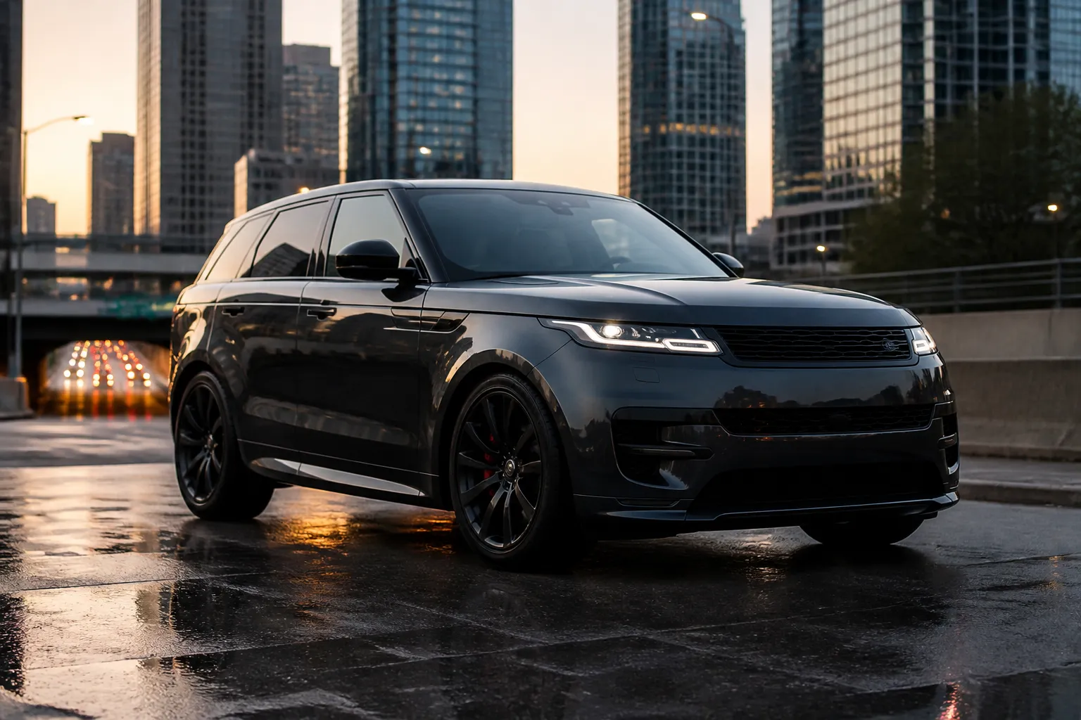Темный премиальный внедорожник в стиле Range Rover Sport стоит на городской улице перед выездом на трассу. Сцена показывает автомобиль перед покупкой и проверкой состояния.