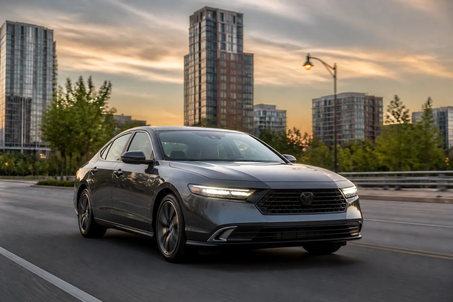 Honda Accord на городской дороге в вечернем свете, автомобиль показан спереди под углом. На фоне видны современные здания и спокойный поток машин.