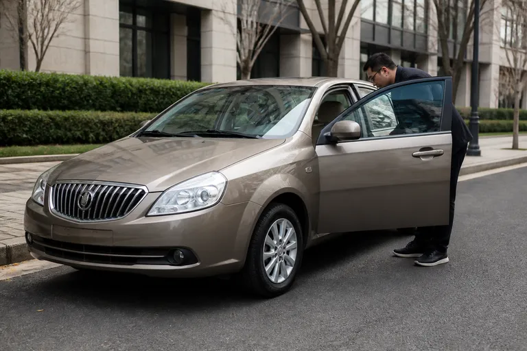 Buick Excelle на городской улице перед осмотром перед покупкой. Рядом видны открытая дверь и детали салона, подчёркивающие тему выбора автомобиля.